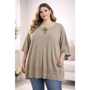 AUW Women 2X Oversized Tunic Top Beige Batwing Sleeve Loose Fit Blouse